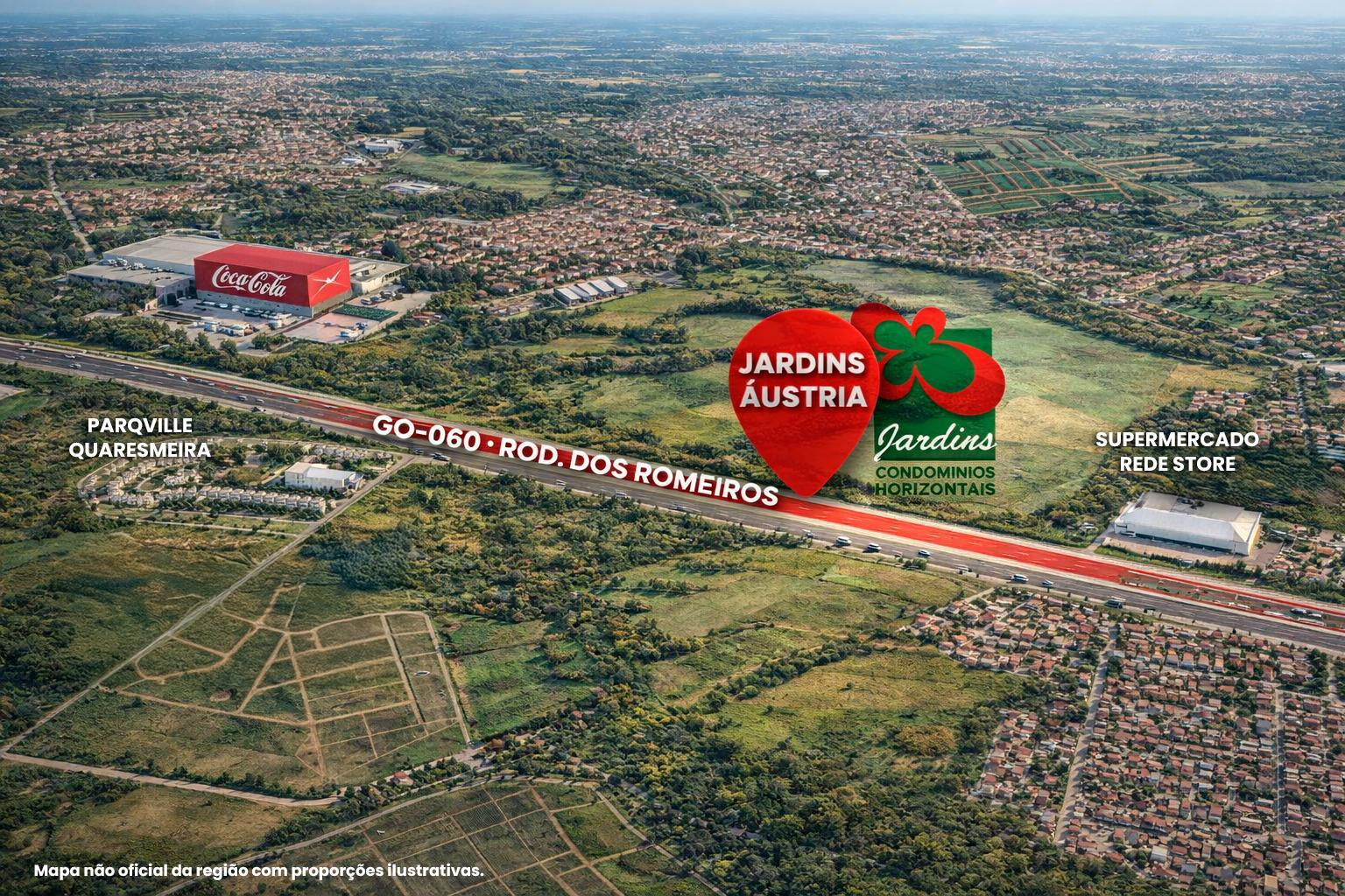 Mapa aéreo da localização do Jardins Áustria na GO-060, Rodovia dos Romeiros